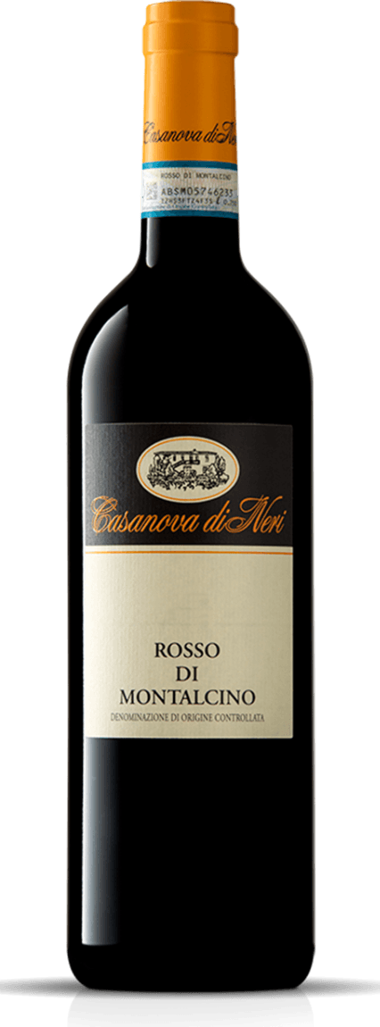 Het label is klassiek vormgegeven met een crèmekleurige ondergrond en een zwart bovenstuk. Bovenaan staat een ovaal embleem met een tekening van een gebouw of wijnhuis, omringd door druivenranken en bomen. Daaronder staat in sierlijke gouden letters de naam 'Casanova di Neri'. Het onderste deel bevat de naam van de wijn in strakke zwarte hoofdletters.