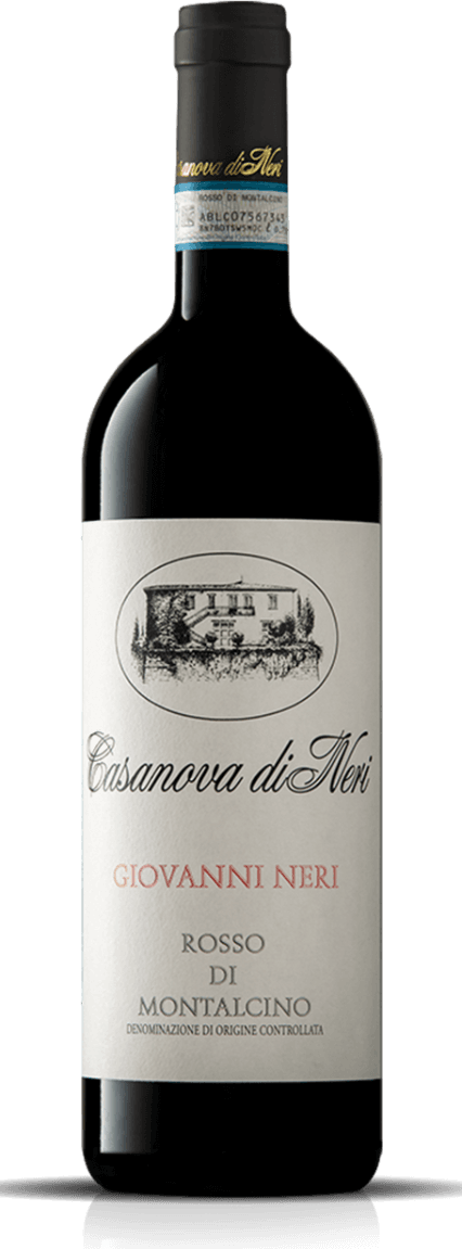Het label toont een tekening van een traditioneel gebouw, waarschijnlijk een wijnhuis, met de naam 'Casanova di Neri' in sierlijke letters. Daaronder staat 'Giovanni Neri' in rode letters en 'Rosso di Montalcino' in zwarte letters.