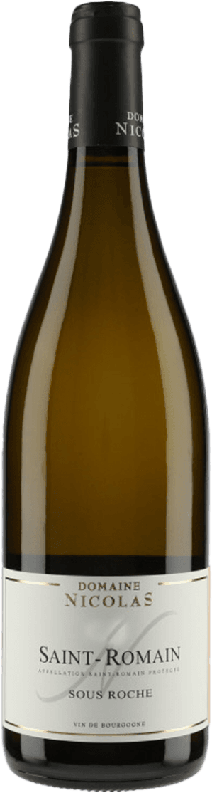 Het label is minimalistisch met de naam 'Saint Romain' en 'Sous Roche' duidelijk zichtbaar. Er is een eenvoudig ontwerp zonder afbeeldingen, met een focus op tekstuele elementen.