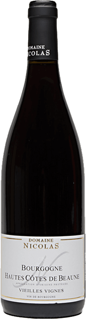 Het label is minimalistisch en traditioneel, met de tekst 'Domaine Nicolas' in grote letters bovenaan. Daaronder staan de woorden 'Bourgogne Hautes Côtes de Beaune' en 'Vieilles Vignes'.