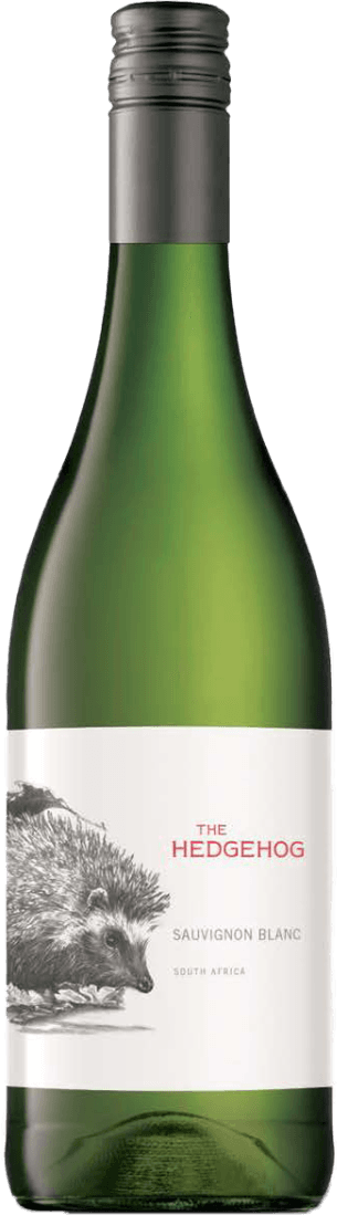 Het label toont een gedetailleerde tekening van een egel aan de linkerkant. De naam 'THE HEDGEHOG' staat in grote rode letters centraal op het label, met daaronder de soort wijn 'SAUVIGNON BLANC' en het land van herkomst 'SOUTH AFRICA' in kleinere zwarte letters.