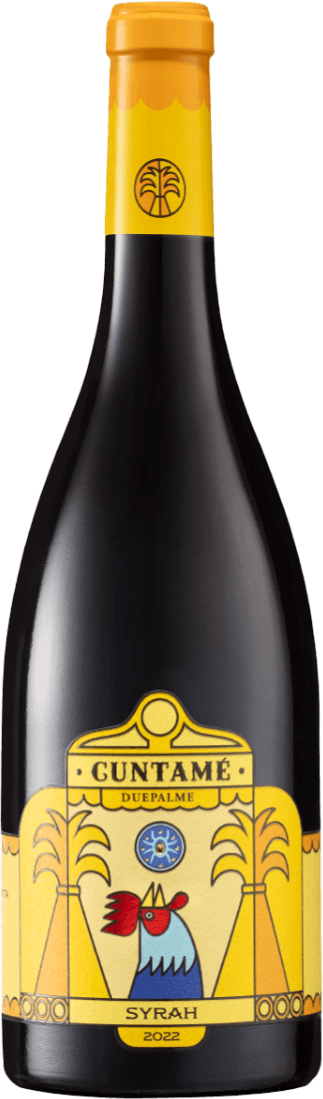 Het label toont een gestileerde afbeelding van een kleurrijke haan met rode, blauwe en gele tinten. Er zijn ook abstracte elementen zoals gebogen lijnen en geometrische vormen die doen denken aan planten of veren. De naam 'Cuntamé' is prominent aanwezig boven de afbeelding in grote letters.