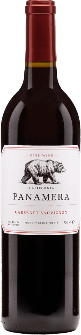 Het label toont een tekening van een beer in het midden, met daarboven de tekst 'FINE WINE' en daaronder 'CALIFORNIA'. De naam 'PANAMERA' staat prominent in grote letters onder de afbeelding, gevolgd door 'CABERNET SAUVIGNON' in rode letters. Onderaan staan details over alcoholpercentage en inhoud.