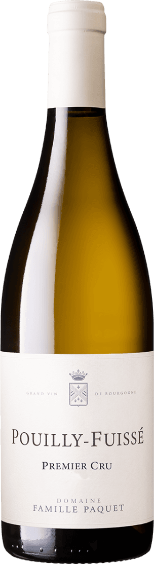 Het label is klassiek en minimalistisch vormgegeven. Bovenaan staat een klein familiewapen of schild, daaronder in grote, duidelijke letters de naam 'Pouilly-Fuissé Premier Cru'. Onderaan staat de naam van het domein. Het label is verder rustig, met een lichte, crèmekleurige achtergrond en geen opvallende afbeeldingen of kleuren.