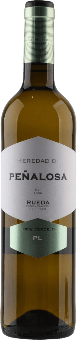Het label van de wijnfles is minimalistisch en modern. Het heeft een witte achtergrond met strakke, zwarte typografie. Er zijn geen afbeeldingen of illustraties, alleen tekst. De naam 'Heredad de Peñalosa' staat prominent in het midden van het label geschreven.