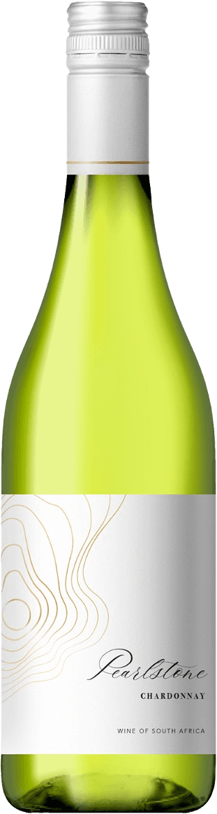 Het label toont een minimalistisch ontwerp met golvende lijnen in goud op een witte achtergrond. De naam 'Pearlstone Chardonnay' is in elegante letters geschreven.