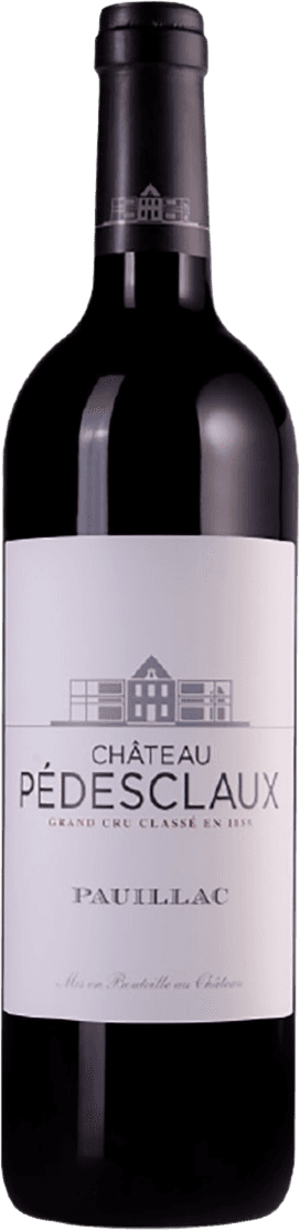 Het label is wit met een minimalistische tekening van een kasteel bovenaan. De naam 'Château Pédesclaux' staat centraal in grote letters, met daaronder 'Grand Cru Classé en 1855'. Onderaan staat 'Pauillac'. Het ontwerp is strak en eenvoudig.