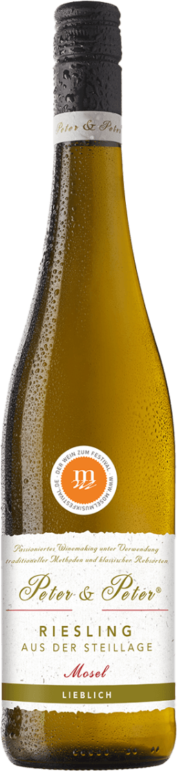 Het label toont een klassieke en elegante stijl met sierlijke letters voor de naam 'Peter & Peter'. Er is een oranje cirkel bovenaan met witte tekst erin. De rest van het label is voornamelijk wit met groene en rode accenten die de verschillende delen van de tekst benadrukken.