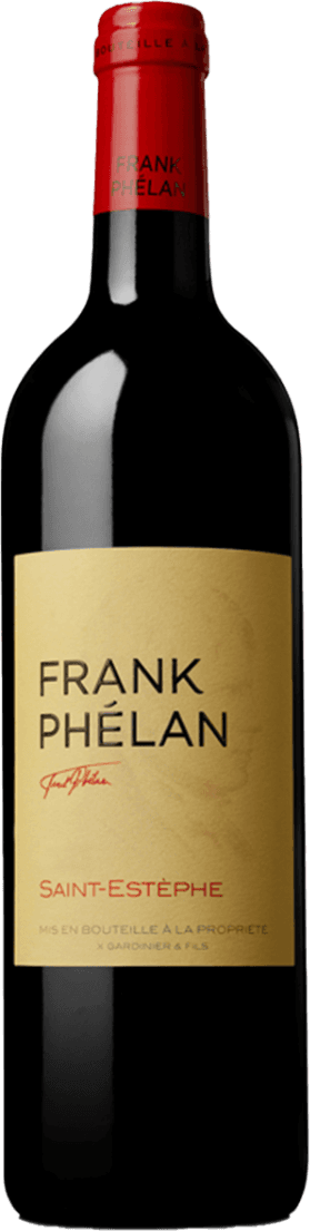 Het label is minimalistisch en heeft een lichte, effen achtergrond. De tekst 'FRANK PHÉLAN' staat groot in het midden, met daaronder in kleinere letters 'Saint-Estèphe'. Er zijn geen afbeeldingen of complexe ontwerpen op het label zichtbaar.