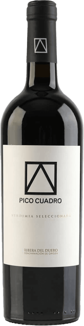 Het label van de wijnfles is minimalistisch en modern. Het heeft een witte achtergrond met in het midden een zwart geometrisch logo dat lijkt op een driehoek binnen een vierkant. Onder het logo staat de tekst 'PICO CUADRO' in zwarte hoofdletters, en daaronder in kleinere letters 'VENDIMIA SELECCIONADA' in goudkleurige letters. Onderaan staat nogmaals tekst, waarschijnlijk informatie over de herkomst van de wijn.
