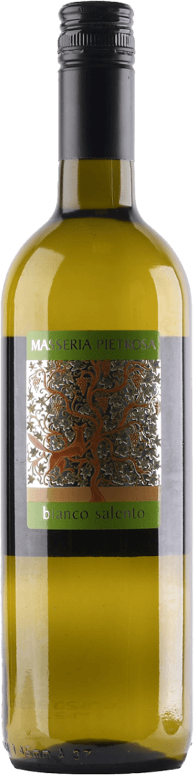 Het label toont een kunstzinnige afbeelding van een boom met kronkelende takken. De achtergrond is gedetailleerd en lijkt op een patroon dat doet denken aan bladeren of wijnranken. Bovenaan het label staat de naam 'Masseria Pietrosa' in groene letters, en onderaan staat 'bianco salento' in witte letters op een groene balk.