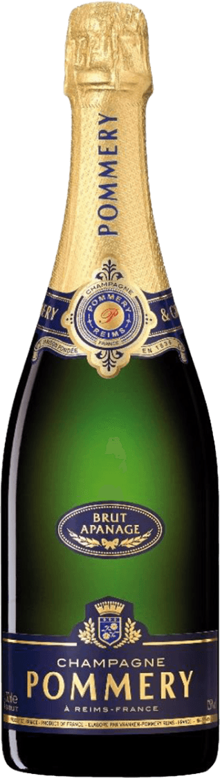 Het label van deze champagnefles heeft een klassieke en elegante uitstraling. Het bevat een ovaal embleem met de tekst 'BRUT APANAGE' en daarboven het logo van Pommery, dat lijkt op een familiewapen of schild. De naam 'POMMERY' is groot afgebeeld onder het embleem. Verder zijn er decoratieve elementen zoals krullen en lijnen die het geheel een traditionele uitstraling geven.