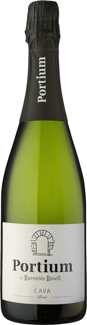 Het label toont een eenvoudige, minimalistische stijl met een tekening van een stenen boog. De merknaam 'Portium' is prominent aanwezig in grote letters boven de kleinere tekst 'de Raventós Rosell'. Onderaan staat 'CAVA Brut'.