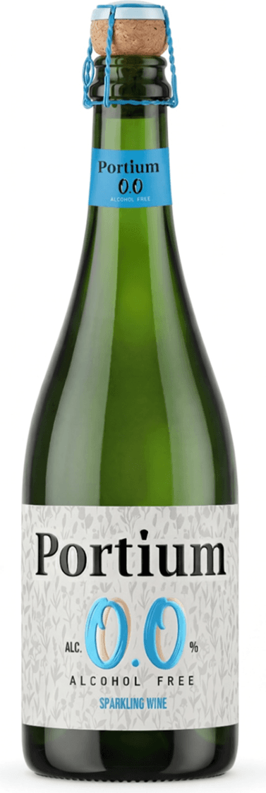 Het label toont de tekst 'Portium 0.0 Alcohol Free'. De achtergrond heeft een subtiel patroon van bladeren of takken. De tekst is voornamelijk in zwart en blauw.