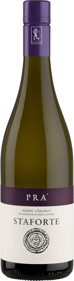 Het label is wit met paarse accenten. Bovenaan staat 'PRÀ' in grote letters. Daaronder 'soave classico' en 'STAFORTE'. Onderaan is een embleem of zegel te zien in zwart-wit.
