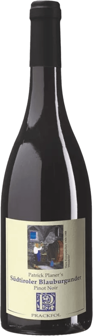 Het label toont een afbeelding van een persoon in traditionele kleding die een wijnvat inspecteert in een wijnkelder. Er is ook tekst aanwezig met de naam van de wijn en producent.