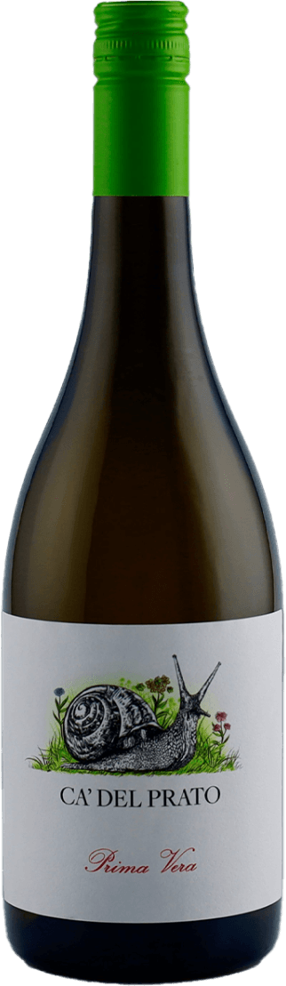Het label toont een gedetailleerde tekening van een slak op gras met enkele bloemen eromheen. Boven de afbeelding staat de tekst 'CA' DEL PRATO' en daaronder 'Prima Vera'.
