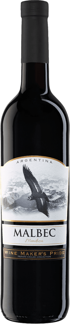 Het label toont een afbeelding van een vogel die boven een berglandschap vliegt. De naam 'Malbec Mendoza' staat centraal op het label. Onderaan staat 'Wine Maker's Pride'.