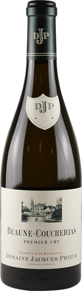 Het label toont een afbeelding van een kasteel of groot landhuis, met daaronder de tekst 'Beaune-Coucherias Premier Cru'. Bovenaan is er een schild met de letters 'DJP'.