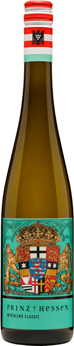 Het label toont een gedetailleerd familiewapen met verschillende kleuren en symbolen. Boven het wapen is een kroon afgebeeld en aan weerszijden staan leeuwen als schildhouders. Het geheel heeft een klassieke uitstraling met sierlijke elementen.