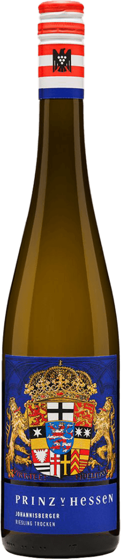 Het label toont een gedetailleerd familiewapen met een kroon erboven, geflankeerd door twee gouden leeuwen. De achtergrond is blauw met gouden en rode accenten.