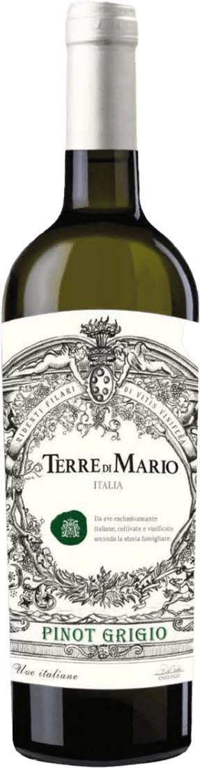 Het label toont een traditioneel ontwerp met sierlijke, gedetailleerde illustraties en een familiewapen. De naam 'Terre di Mario' staat centraal, omringd door decoratieve elementen die een klassieke uitstraling geven.