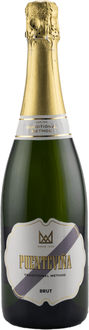 Het label toont een gouden kroon boven de merknaam 'Puenteviña', met daaronder de tekst 'Traditional Method' en 'Brut'. Het ontwerp is vrij minimalistisch met een diagonale paarse streep.
