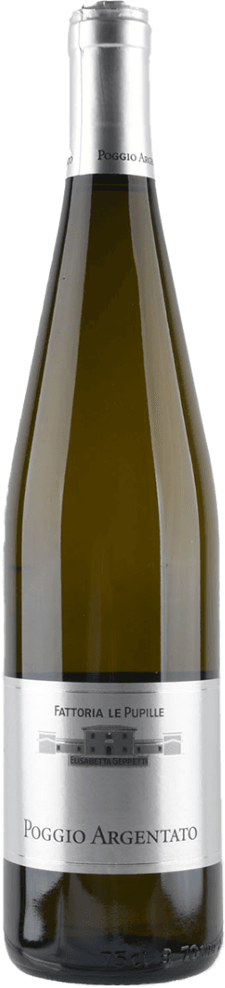 Het label is zilver/grijs van kleur met een minimalistische en traditionele uitstraling. In het midden staat een eenvoudige, gestileerde afbeelding van een gebouw, waarschijnlijk het wijnhuis of kasteel. De tekst is duidelijk en klassiek vormgegeven, zonder opvallende kunst of kleurrijke elementen. Het label straalt elegantie en eenvoud uit.