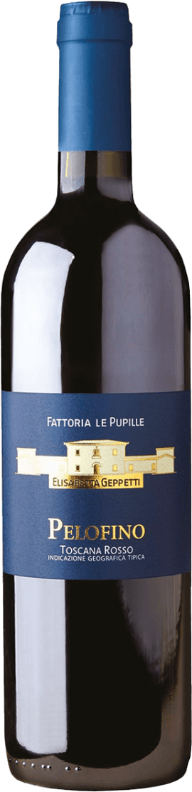 Het label toont een afbeelding van een gebouw, mogelijk een wijnhuis, met de tekst 'Fattoria Le Pupille' erboven. De naam 'Pelofino' staat prominent in goudkleurige letters, met daaronder 'Toscana Rosso'.
