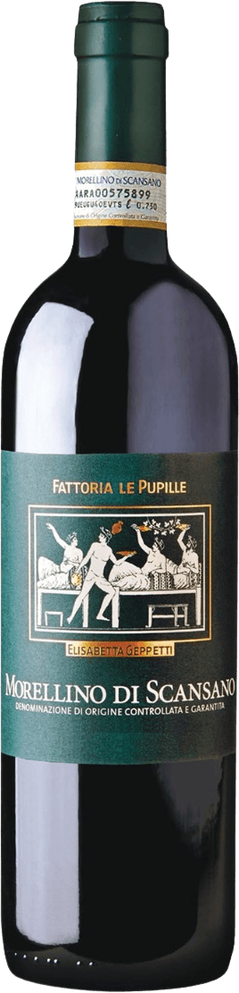 Het label toont een klassieke afbeelding van figuren die aan een tafel zitten en drinken. De achtergrond is donker met gouden accenten, en de naam van de wijnmakerij staat bovenaan in goudkleurige letters.