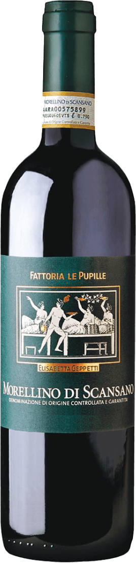 Het label toont een klassieke afbeelding die doet denken aan een Romeinse of Griekse scène met mensen die aan een tafel zitten. Bovenaan staat de naam van de producent 'Fattoria Le Pupille'. Onderaan het label staat de naam van de wijn 'Morellino di Scansano'.