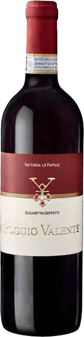 Het label heeft een klassieke uitstraling met een rood en wit kleurenschema. Bovenaan staat de naam 'Fattoria Le Pupille' in goudkleurige letters op een rood vlak. Daaronder is een familiewapen of logo afgebeeld met kruisende zwaarden en een hartvormig detail. De naam 'Poggio Valente' staat prominent in reliëf op het witte gedeelte van het label.