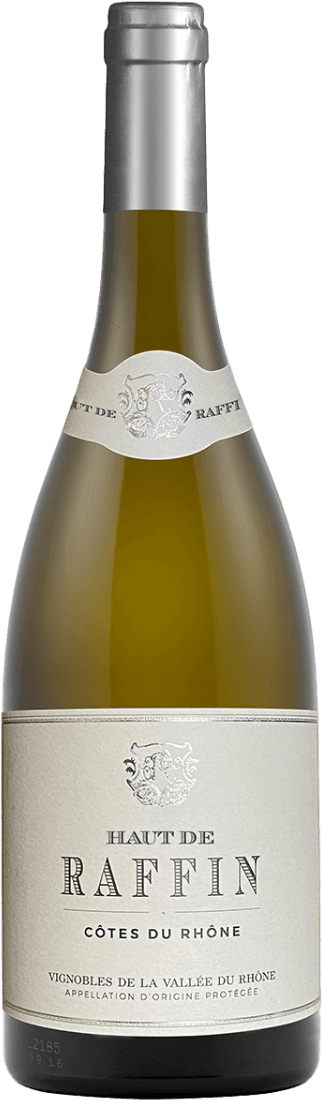 Het label is minimalistisch en elegant, met een centraal geplaatst familiewapen of schild. De naam 'HAUT DE RAFFIN' staat prominent in grote letters bovenaan, gevolgd door 'CÔTES DU RHÔNE'. Onderaan staan kleinere details zoals de herkomstbenaming. Het ontwerp straalt een klassieke en verfijnde uitstraling uit.