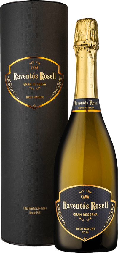 Het label is zwart met goudkleurige accenten en bevat de tekst 'Cava Raventós Rosell Gran Reserva Brut Nature'. Het ontwerp heeft een klassieke uitstraling met sierlijke details rondom de tekst.