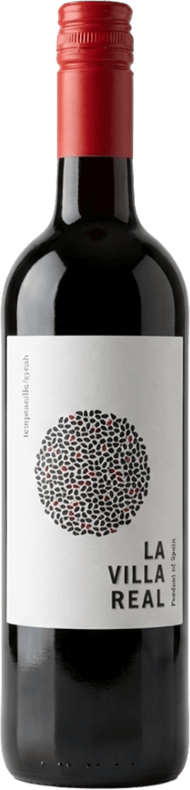Het label toont een abstracte cirkelvormige illustratie bestaande uit kleine stippen in zwart en rood. De naam 'La Villa Real' staat verticaal aan de rechterkant.