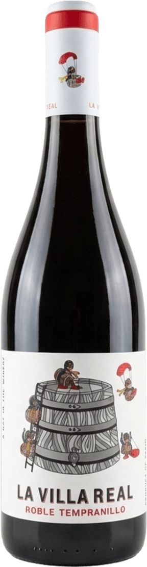 Het label toont een illustratie van een groot wijnvat met kleine figuurtjes die een ladder beklimmen en een parachute gebruiken. De naam 'La Villa Real Roble Tempranillo' staat eronder in grote letters.