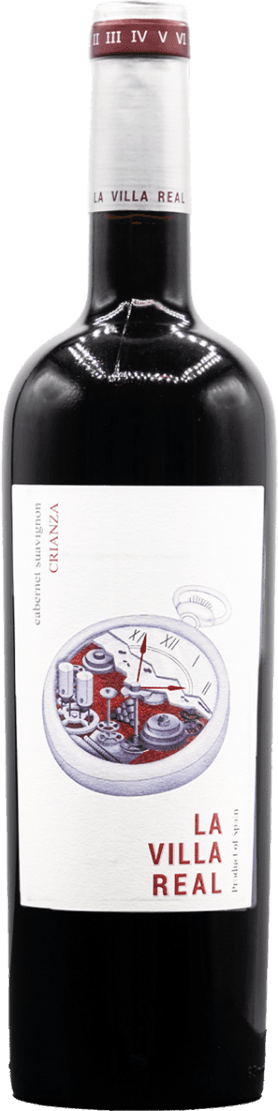 Het label toont een illustratie van een opengewerkte klok met zichtbare tandwielen en wijzers. De achtergrond is wit met de tekst 'LA VILLA REAL' in rode letters.