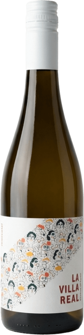 Het label toont een patroon van eenvoudige, cartoonachtige gezichten in verschillende kleuren. Aan de rechterkant staat de tekst 'LA VILLA REAL'.