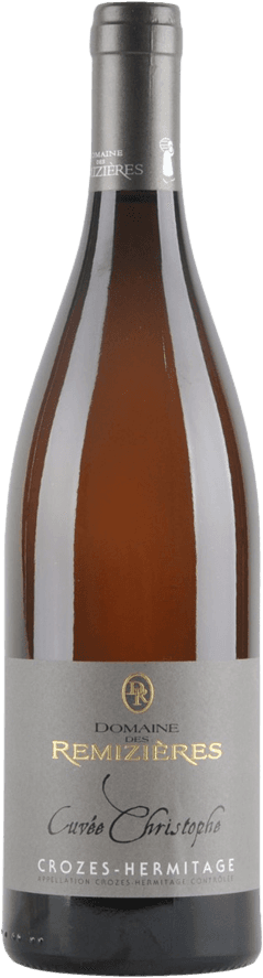 Het label is grijs met goudkleurige en witte tekst. Het bevat de naam van het wijnhuis 'Domaine des Remizières' en de naam van de wijn 'Cuvée Christophe'. Er is een gouden embleem bovenaan het label.