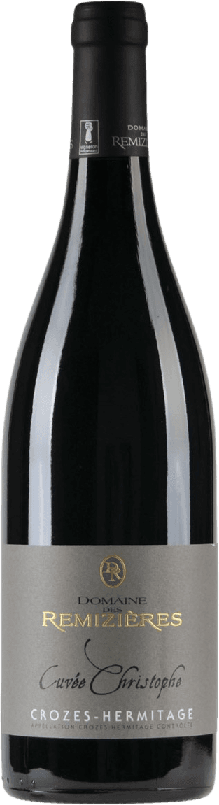 Het label is grijs met gouden en witte letters. Het bevat de naam van de wijn en producent in elegante typografie. Er is een klein, subtiel logo bovenaan het label.