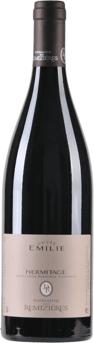 Het label is minimalistisch en elegant, met een lichte achtergrond en donkere letters. Centraal staat de naam 'Cuvée Emilie' in grote letters, daaronder 'Hermitage'. Onderaan is er het logo van Domaine des Remizières, bestaande uit initialen binnen een cirkel.