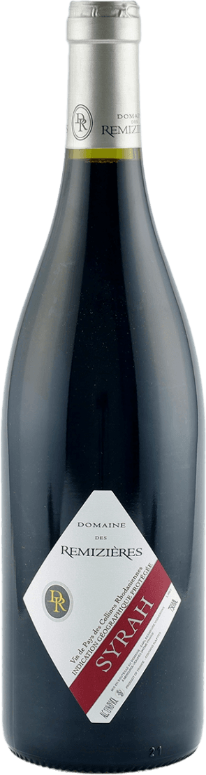 Het label is diagonaal geplaatst en bevat de tekst 'Domaine des Remizières' in een elegante lettertype. Er is ook een cirkel met initialen 'DR' op het label. De achtergrond is wit met een opvallende rode balk waarop 'Syrah' staat geschreven.