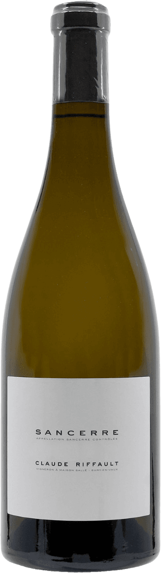 Het label is minimalistisch en wit met zwarte tekst. Er staan geen afbeeldingen op, alleen de naam van de wijn 'Sancerre' en de producent 'Claude Riffault'. De tekst is strak en eenvoudig.