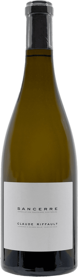 Een minimalistisch label met de tekst 'Sancerre' en 'Claude Riffault'. Het heeft een strakke en eenvoudige uitstraling.