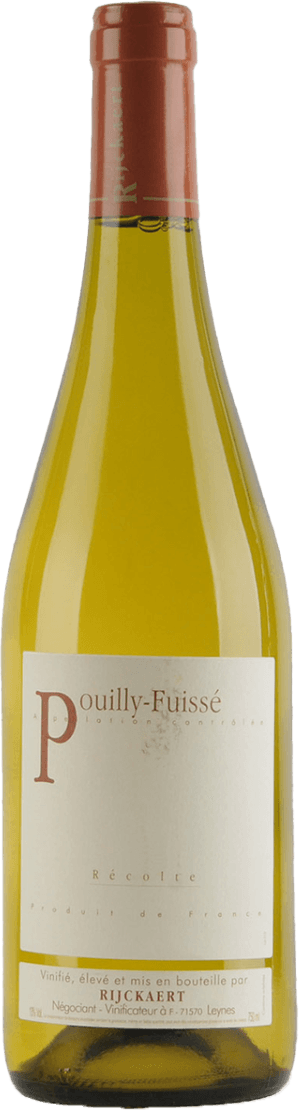 Het label is vrij minimalistisch en traditioneel vormgegeven. Het heeft een grote, opvallende 'P' aan de linkerkant, gevolgd door de naam 'Pouilly-Fuissé' in een klassieke serif-lettertype. De rest van het label bevat kleinere tekst met informatie over de wijn en producent. Er zijn verder geen afbeeldingen of illustraties te zien op het label.