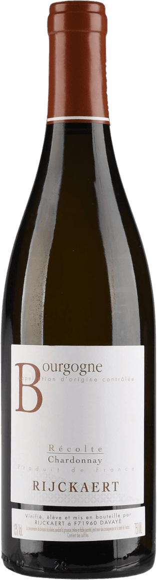 Het label is wit met een grote letter 'B' in bruin aan de linkerkant. Daaronder staat 'ourgogne' en andere teksten zoals 'Récolte', 'Chardonnay', en de naam 'RIJCKAERT'. De tekst is verdeeld over meerdere regels, voornamelijk in bruin en groen.