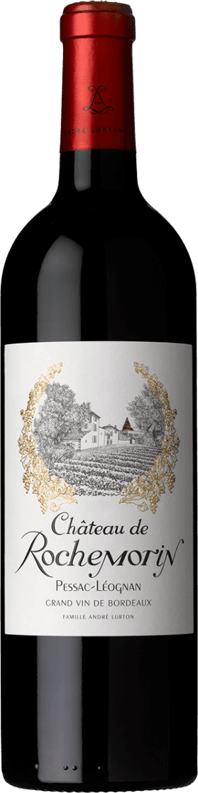 Het label toont een gedetailleerde tekening van een klassiek kasteel of wijnhuis, omringd door een gouden krans van bladeren of druivenranken. Daaronder staat in sierlijke, traditionele letters de naam 'Château de Rochemorin'. Het geheel straalt elegantie en traditie uit.