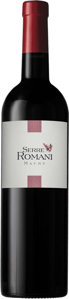 Het label van de wijnfles is minimalistisch en strak vormgegeven. Het bevat de tekst 'Serre Romani Maury' in een klassieke, duidelijke lettertype. Er zijn twee rode verticale strepen aan de boven- en onderkant van het label geplaatst, die symmetrisch zijn uitgelijnd. Naast de tekst is er een klein symbool of afbeelding van wat lijkt op druivenranken of bladeren.