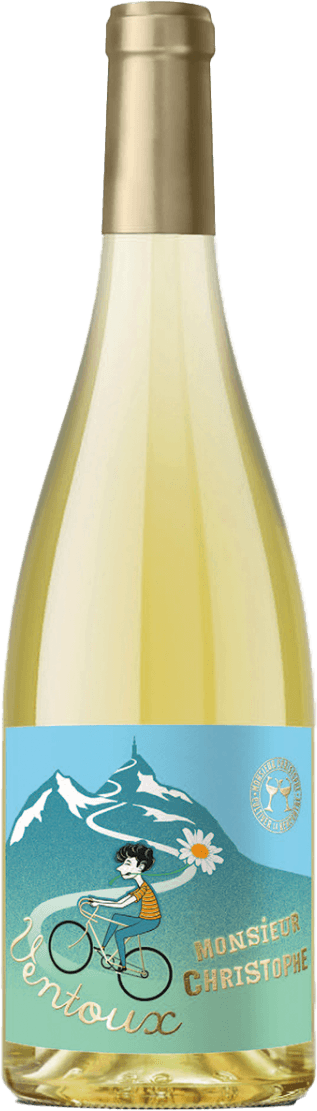 Het label toont een getekende berglandschap met de Mont Ventoux, met op de voorgrond een getekend persoon op een fiets. Er zijn witte wolken, een bloem (madeliefje) en een speelse, illustratieve stijl. De achtergrond is lichtblauw met witte en gele accenten. De naam van de wijn staat in speelse, opvallende letters op het label.