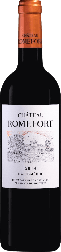 Het label toont een gedetailleerde tekening van een kasteel of landhuis, met bomen aan weerszijden. Bovenaan staat in grote letters 'Château Romefort'. Onderaan het label staan kleinere teksten met jaartal en herkomstinformatie.